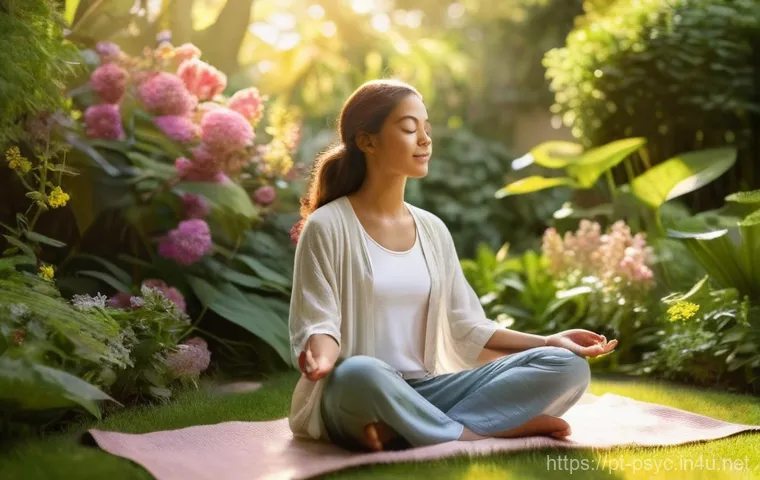 정신과 진료 주기 - **Prompt:** A serene young adult woman, with a gentle smile, is meditating peacefully in a vibrant, ...