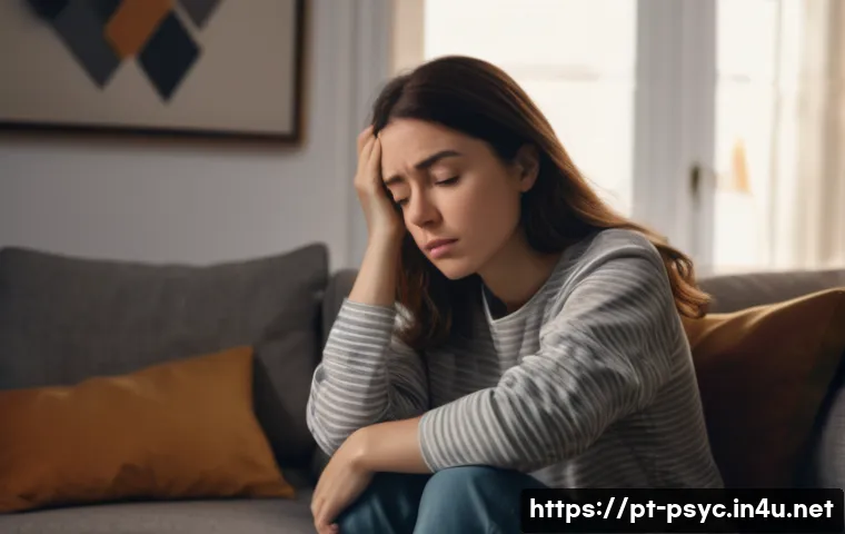 불안장애와 공황장애의 차이점 - A detailed digital illustration showing a young adult woman sitting on a couch in a cozy living room...