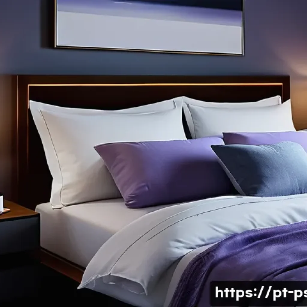 불면증 치료 성공 후기 - A cozy bedroom scene during nighttime showing a modern, well-organized room with blackout curtains d...