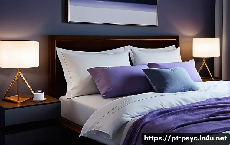 불면증 치료 성공 후기 - A cozy bedroom scene during nighttime showing a modern, well-organized room with blackout curtains d...