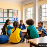 소아 우울증 완치 사례 - A warm and supportive classroom scene in a Brazilian elementary school, featuring a diverse group of...