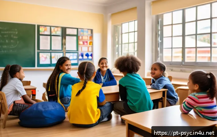 소아 우울증 완치 사례 - A warm and supportive classroom scene in a Brazilian elementary school, featuring a diverse group of...