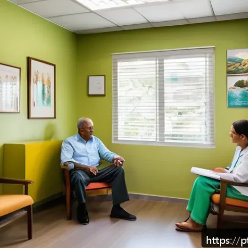 정신과 치료 주의사항 - A warm and inviting modern psychiatric clinic waiting room in Brazil, featuring diverse adult patien...