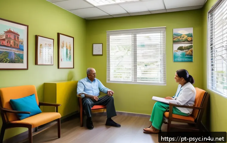 정신과 치료 주의사항 - A warm and inviting modern psychiatric clinic waiting room in Brazil, featuring diverse adult patien...